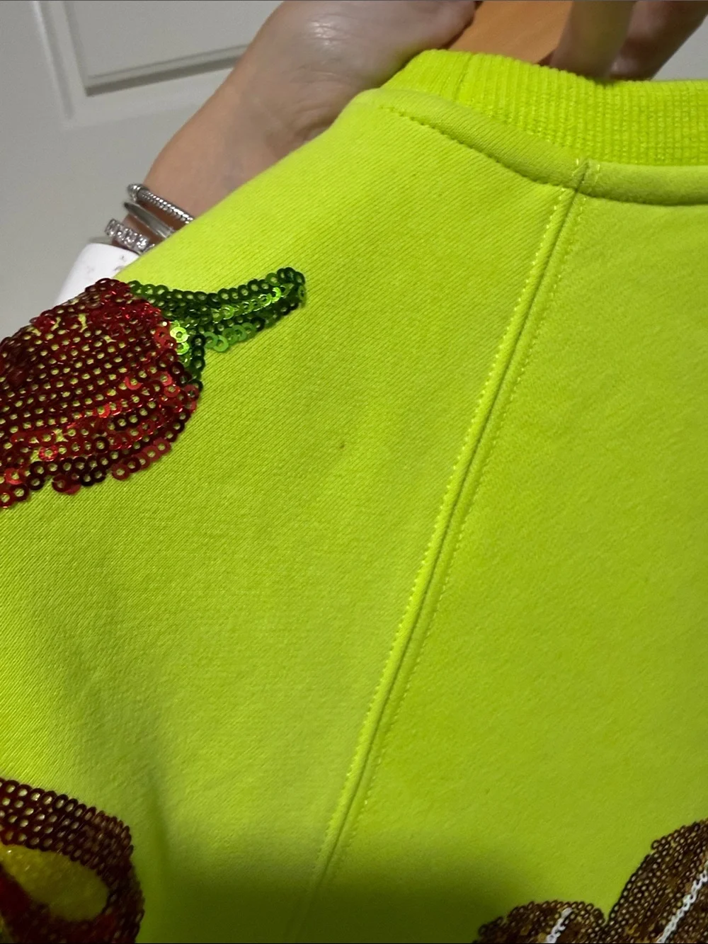QUEEN OF SPARKLES Neon green Sequin Mexican Food Short Sleeve Sweatshirt